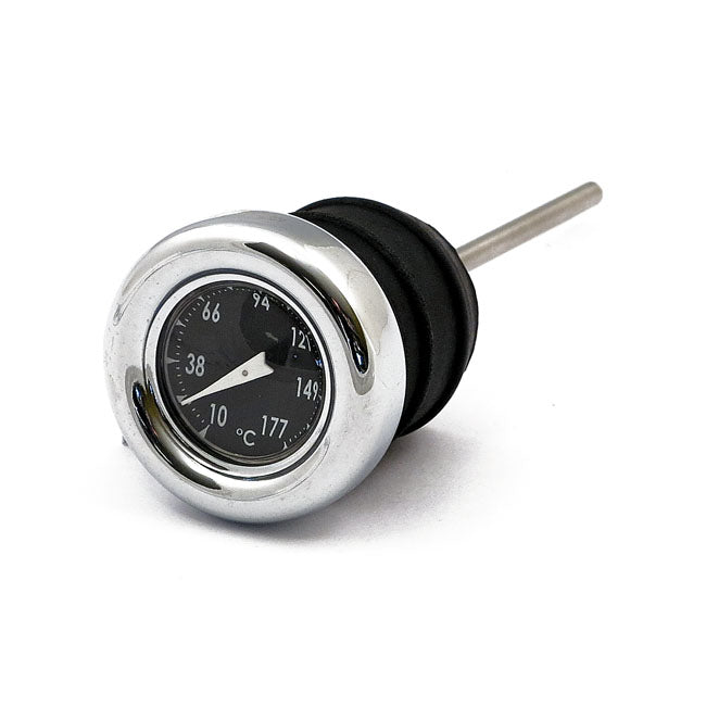 Oil tank dipstick with temperature gauge. Chrome black face — 84-99 Softail; 82-03 XL Sportster (NU)