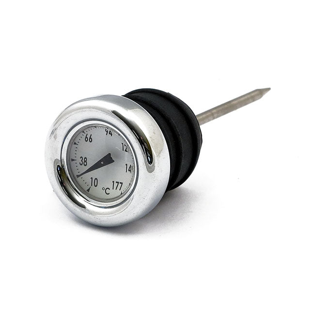 Oil tank dipstick with temperature gauge. Chrome white face — 84-99 Softail; 82-03 XL Sportster (NU)