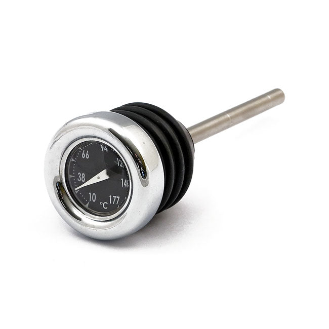 Oil tank dipstick with temperature gauge. Chrome black face — 00-17 Softail (Excl. FXSB; FXCW/C) (NU)