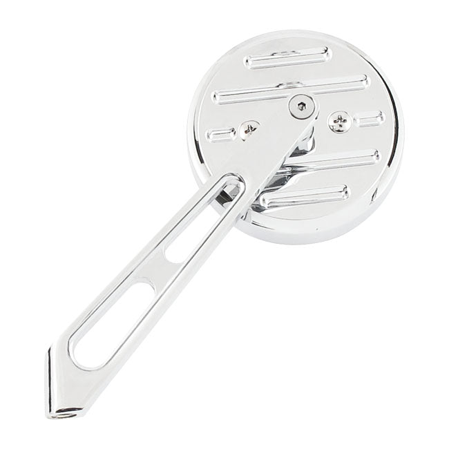 Mini-round aluminum mirror. Chrome, short stem, l&r