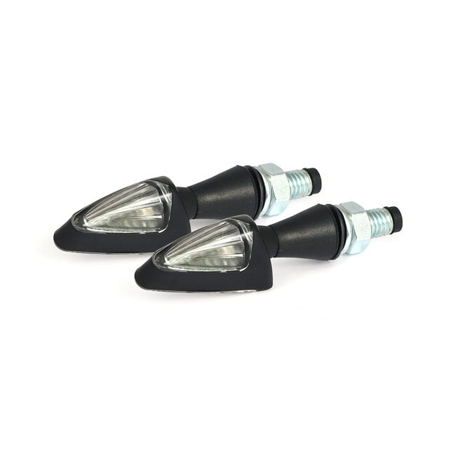 Black peak, LED turn signals. Black. Clear lens