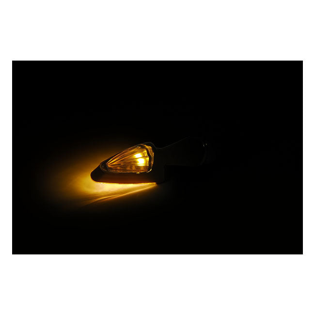 Black peak, LED turn signals. Black. Clear lens