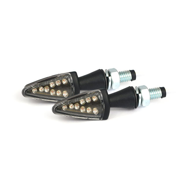 Black peak, LED turn signals. Black. Clear lens