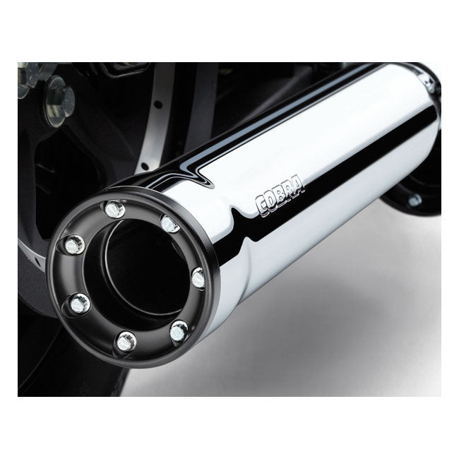 Cobra, 3" RPT Race Pro slip-on mufflers. Chrome — Softail: 07-16 FLSTC Heritage Classic; 08-11 FXCW/C Rocker/C; 13-16 FXSB Breakout; 07-16 FXST Softail Standard; 07-09 FXSTB Night Train; 07-17 FXSTC Softail Custom (NU)