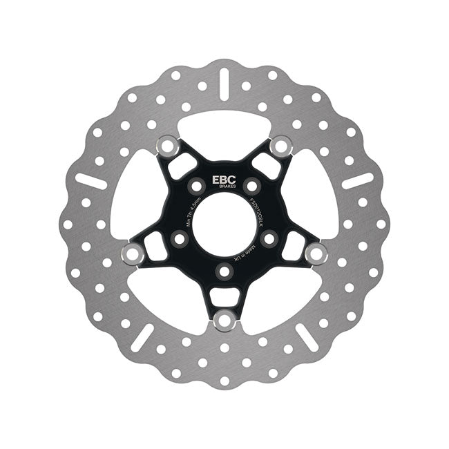 EBC, 5-Button Contour stainless floating brake rotor. Front — 00-14 Softail; 00-05 Dyna; 00-07 FLT/Touring; 00-13 XL Sportster; 08-12 XR1200. Front; for models with dual front discs only (NU)
