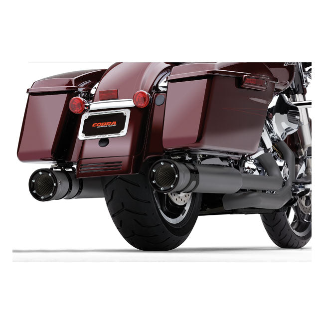 Cobra, 4" Race Pro slip-on mufflers. Black — 95-16 FLT/Touring (NU)