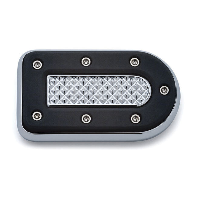Kuryakyn, Heavy industry brake pedal pad. Chrome — 84-15 FX Softail; 08-11 FXCW/C Rockers; 93-17 FXDWG; 08-17 FXDF; Dyna Fat Bob models with forward controls; 15-20 XG Street (Excl. 17-20 Street Rod); all Kuryakyn forward controls (NU)