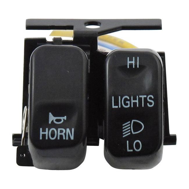 Hi/Low/horn, handlebar switch set. Black — 96-10 Softail; 96-11 Dyna; 96-13 FLT/Touring; 96-13 XL Sportster; 02-17 V-Rod (NU)