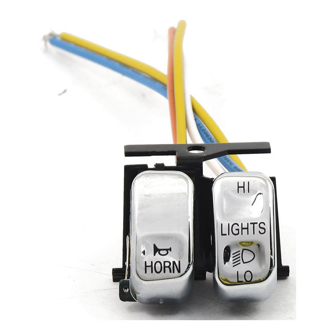 Hi/Low/horn, handlebar switch set. Chrome — 96-10 Softail; 96-11 Dyna; 96-13 FLT/Touring; 96-13 XL Sportster; 02-17 V-Rod (NU)