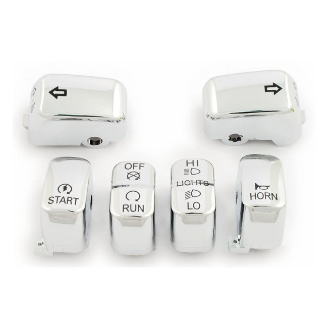 Handlebar switch cap kit, chrome — 96-10 Softail; 96-11 Dyna; 96-13 FLHR; 98-01 FLHRC; 96-13 XL Sportster; 08-12 XR1200; 02-17 V-Rod (NU). (Excl. cruise control models)