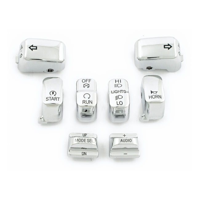 Handlebar switch cap kit, chrome — 96-13 FLHT; FLHTC; FLHX (models w/o Cruise Control) (NU)