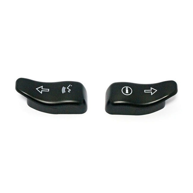 Turn signal switch extender cap set. Black — 14-25 Touring (excl. FLHT Standard; 23-25 FLTRXSE; 24-25 FLTRXSTSE; 23-25 FLHXSE; 24-25 FLHX; 2025 FLHXU; 24-25 FLTRX); 14-25 FLHTCUTG Trike. (excl. all CVO models and models with lighted switches)