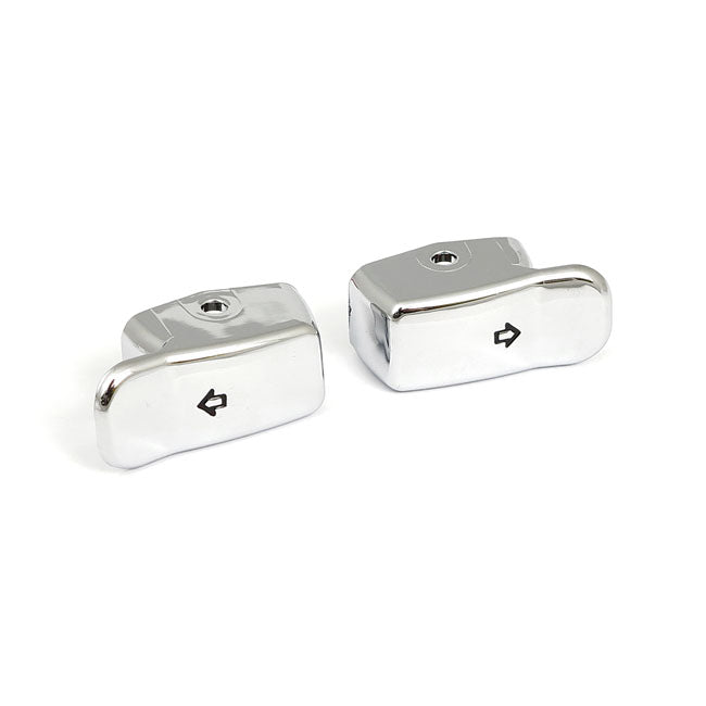 Turn signal switch extender cap set. Chrome — 11-24 Softail (excl. FLDE; FLHC; FLHCS; FLSB; FLSTSE; FXLRST; FXSBSE); 12-17 Dyna; 14-22 XL Sportster. (excl. models with traction control and passing lamps) (NU)