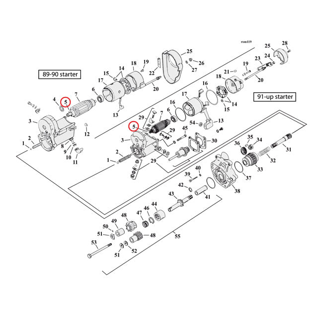 Ball bearing, starter motor gear (inner) end — 89-90 Big Twin; 81-90 XL Sportster; 91-94 883 XL Sportster (NU)