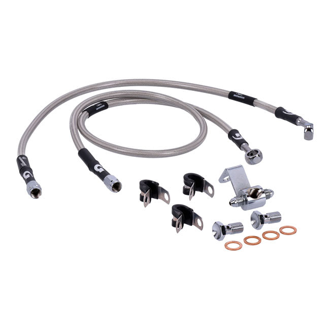 MCS by Goodridge brake line rear, stainless clear coated — 84-90 FLST Heritage Softail (NU); 87-99 FLSTC Heritage Softail CLASSIC (NU); 90-99 FLSTF; 97-99 FLSTS