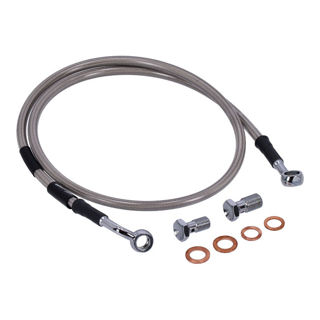 MCS by Goodridge brake line front, stainless clear coated — 87-91 XL883 Deluxe; 96-03 XL883 Custom; 87-03 XL883 STD Standard; 96-03 XL1200 Custom (NU)
