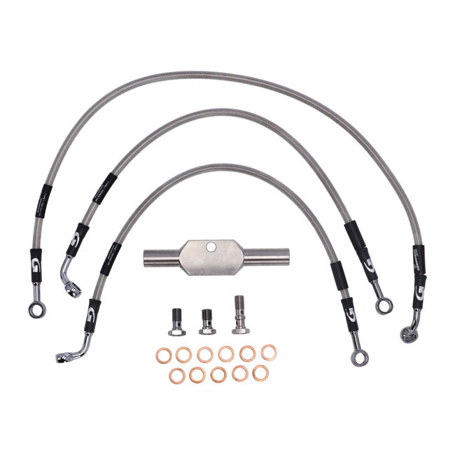 MCS by Goodridge brake line front, stainless clear coated — FLT/Touring: 08-13 FLHR/I; 08-13 FLHRC; 08-13 FLHRS/I; 08-13 FLHT/C/CU; 08-13 FLHX; 08-13 FLTR/I (NU)
