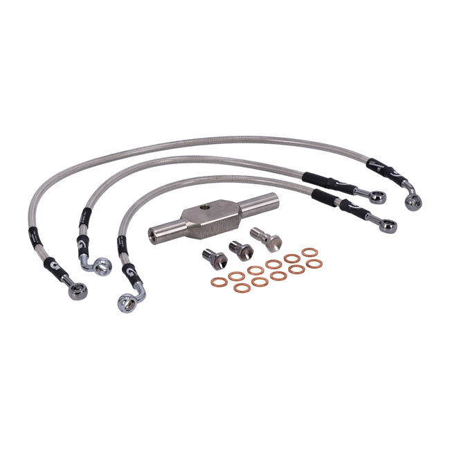 MCS by Goodridge brake line front, stainless clear coated — FLT/Touring: 08-13 FLHR/I; 08-13 FLHRC; 08-13 FLHRS/I; 08-13 FLHT/C/CU; 08-13 FLHX; 08-13 FLTR/I (NU)