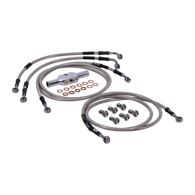 MCS by Goodridge brake line front, stainless clear coated — Touring: 08-13 FLHT/C/CU Electra Glide ABS; 08-13 FLHX Street Glide ABS (NU)