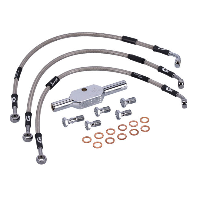 MCS by Goodridge brake line front, stainless clear coated — 06-08 VRSCD V-Rod Night Rod; 08-11 VRSCDX V-Rod Night Rod Special; 2007 VRSCX V-Rod CVO Destroyer (NU)