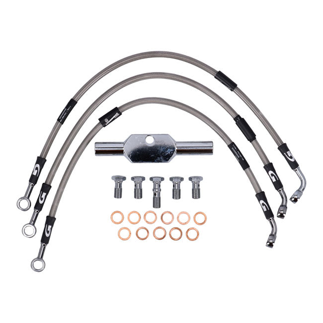 MCS by Goodridge brake line front, stainless clear coated — 06-08 VRSCD V-Rod Night Rod; 08-11 VRSCDX V-Rod Night Rod Special; 2007 VRSCX V-Rod CVO Destroyer (NU)