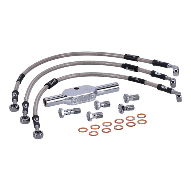 MCS by Goodridge brake line front, stainless clear coated — 06-08 VRSCD V-Rod Night Rod; 08-11 VRSCDX V-Rod Night Rod Special; 2007 VRSCX V-Rod CVO Destroyer (NU)