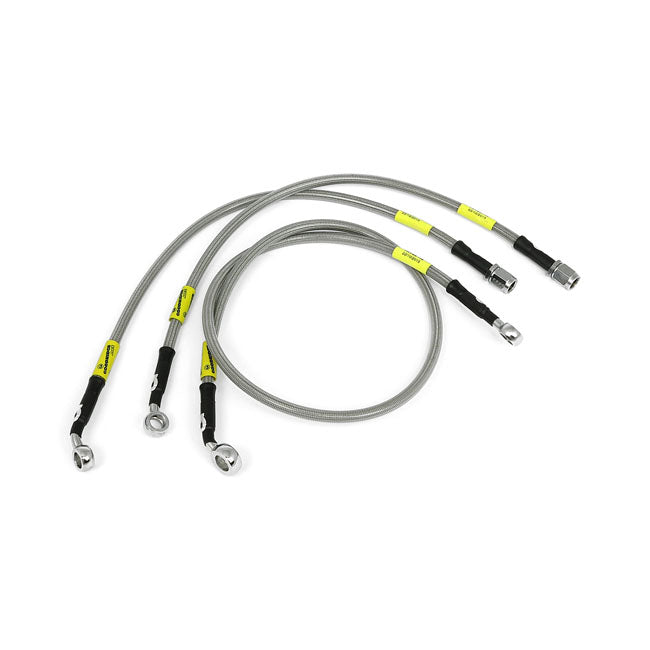 MCS by Goodridge brake line front, stainless clear coated — 12-16 FLSTF/FLSTFB/FLS with ABS; 11-16 FLSTN Softail Deluxe with ABS