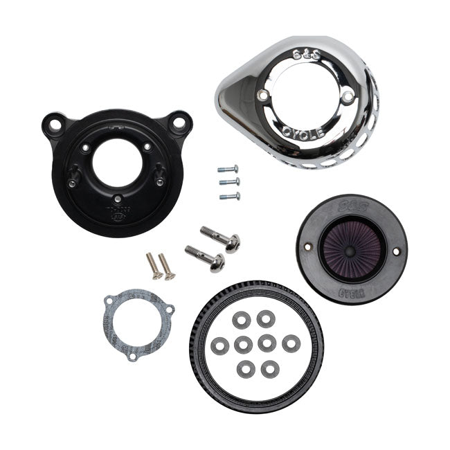 S&S, ''Air Stinger Stealth'' air cleaner kit. Teardrop, chrome — 00-15 Softail; 99-17 Dyna (Excl. 2017 FXDLS); 99-07 FLT/Touring. Bikes with CV carburetor & Delphi Elec. Fuel Injection (EFI) (Excl. e-throttle)