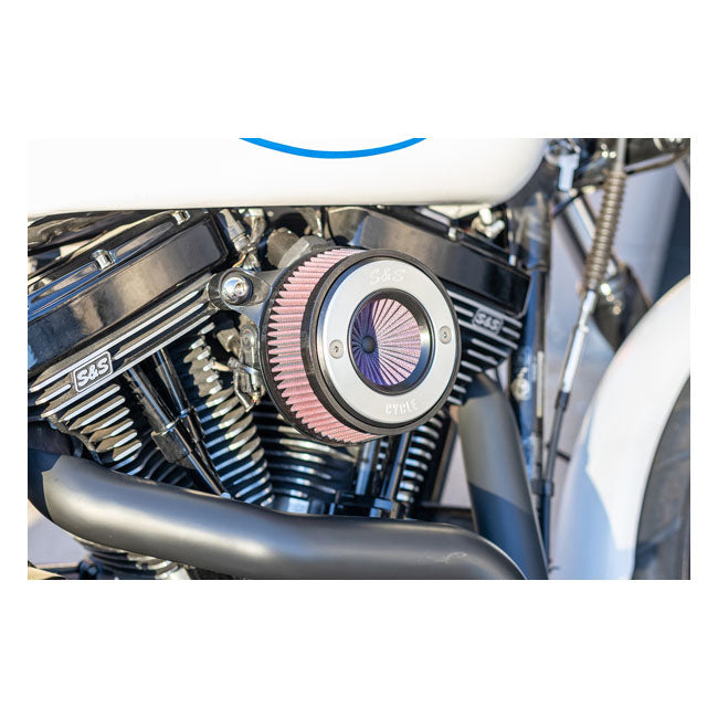 S&S, ''Air Stinger Stealth'' air cleaner kit. Alu trim ring — 00-15 Softail; 99-17 Dyna (Excl. 2017 FXDLS); 99-07 FLT/Touring. Bikes with CV carburetor & Delphi Elec. Fuel Injection (EFI) (Excl. e-throttle)