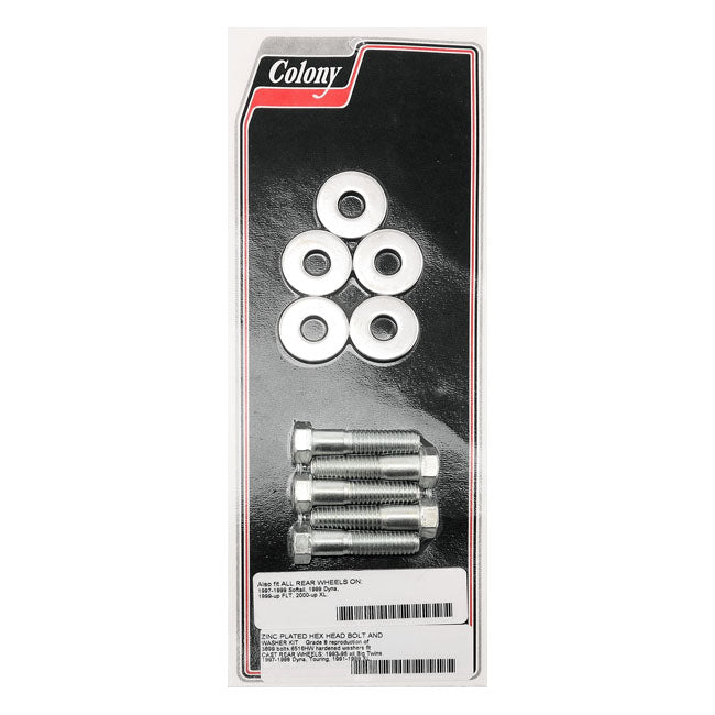 Colony, wheel pulley bolt & washer kit. Zinc plated — Cast rear wheels: 93-96 all Big Twin; 97-98 FLT/Touring; 91-99 XL Sportster. Cast & laced wheels: 97-99 Softail; 93-99 Dyna; 99-08 FLT/Touring; 00-22 XL Sportster