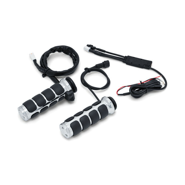 Kuryakyn, Heated ISO grips. Chrome — 08-25 H-D with e-throttle (excl. 2025 Softail; 11-17 Softail CVO models; 23-25 FLHXSE; 24-25 FLHX; 2025 FLHXU; 24-25 FLTRX; 18-25 FLTRXSE; 24-25 FLTRXSTSE; 21-25 RA Pan America & RH Sportster/Nightster models)
