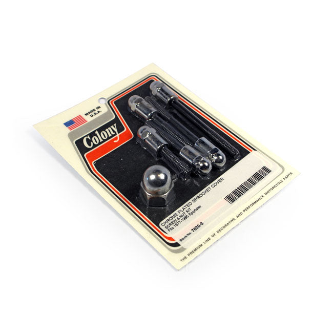 Colony, sprocket cover mount kit. Chrome Acorn — 77-85 XL Sportster (NU)