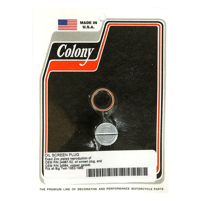 Colony, OEM style slotted plug oil screen crankcase. Zinc — 52-65 Big Twin (NU)
