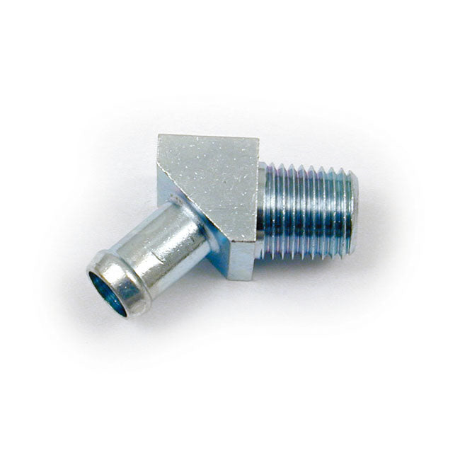 Oil hose fitting, 45 degrees. 1/4" NPT to 3/8". Chrome