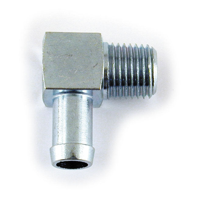 Oil hose fitting, 90 degrees. 1/4" NPT to 3/8". Chrome