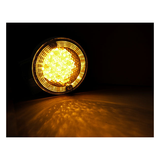 86-up style FL LED turn signals. Front. gloss black — 86-15 FLT/Touring (excl. FLHX; FLHRS); 16-22 FLHR/C; 2023 FLHFB (NU). Models with large 3-1/4" flat lens turn signals