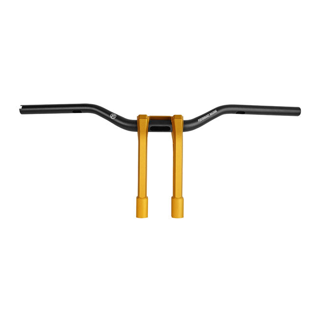 PM, 1-1/4" Phatbar & 12" riser kit. Gold Ops — 82-24 H-D mech. or e-throttle with 3-1/2" mount bolt spacing (NU)