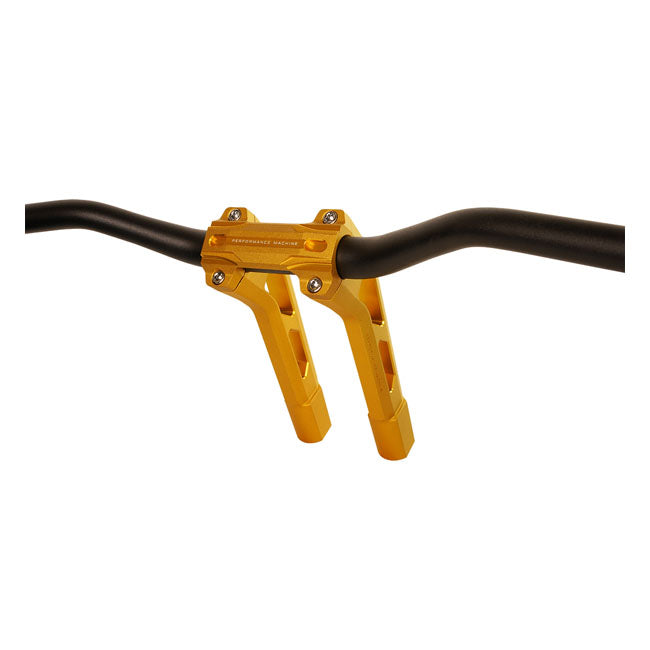 PM, 1-1/4" Phatbar & 12" riser kit. Gold Ops — 82-24 H-D mech. or e-throttle with 3-1/2" mount bolt spacing (NU)