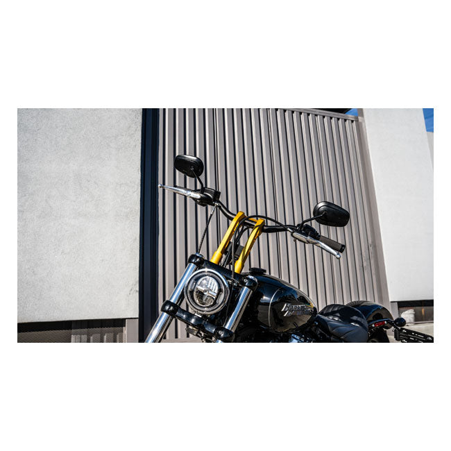 PM, 1-1/4" Phatbar & 12" riser kit. Gold Ops — 82-24 H-D mech. or e-throttle with 3-1/2" mount bolt spacing (NU)