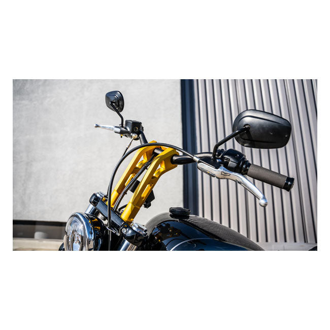 PM, 1-1/4" Phatbar & 12" riser kit. Gold Ops — 82-24 H-D mech. or e-throttle with 3-1/2" mount bolt spacing (NU)