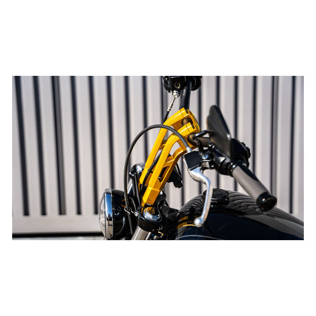 PM, 1-1/4" Phatbar & 12" riser kit. Gold Ops — 82-24 H-D mech. or e-throttle with 3-1/2" mount bolt spacing (NU)