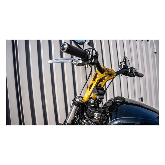 PM, 1-1/4" Phatbar & 12" riser kit. Gold Ops — 82-24 H-D mech. or e-throttle with 3-1/2" mount bolt spacing (NU)