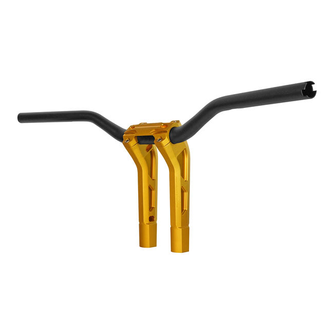 PM, 1-1/4" Phatbar & 12" riser kit. Gold Ops — 82-24 H-D mech. or e-throttle with 3-1/2" mount bolt spacing (NU)
