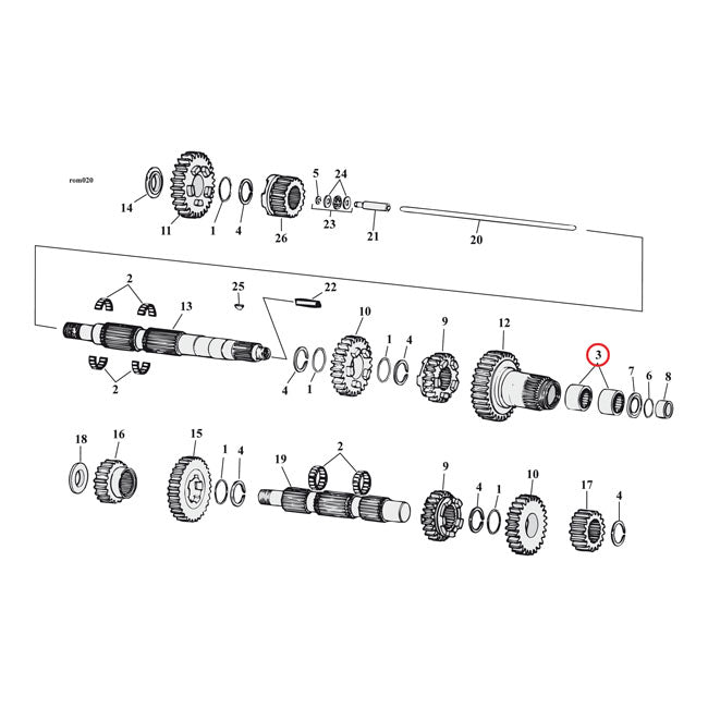 Needle bearing, mainshaft 5th gear — 91-06 5-speed Big Twin (Excl. 6-speed 2006 Dyna); 91-22 XL Sportster; 08-12 XR1200 (NU)