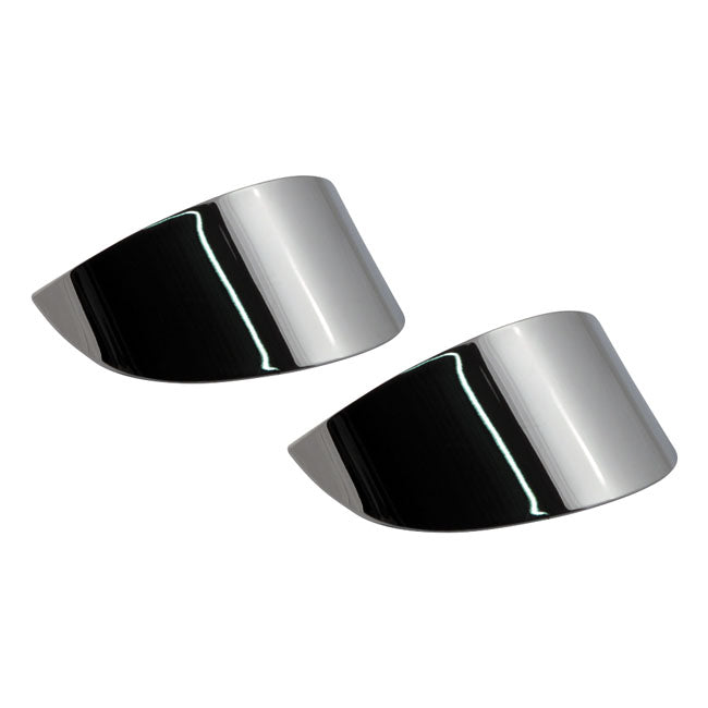 Smooth turn signal visor set. Chrome — Rear flat lens: 86-92 FXRT; 86-90 FLST; 88-17 FLSTC; 94-22 FLHR; 07-19 FLHRC; 86-09 FLHT; 86-13 FLHTC; 89-13 FLHTCU; 10-13 FLHTK (NU).  Front flat lens: 88-91 FLTC; 89-96 FLTCU; 99-03 FLTR (NU).