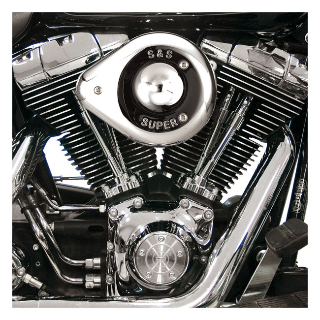 S&S, teardrop air cleaner assembly. Chrome — CV carburetor: 93-06 all Big Twin; Delphi inj.: 01-15 Softail; 04-17 Dyna (Excl. 2017 FXDLS); 02-07 FLT/Touring (NU)