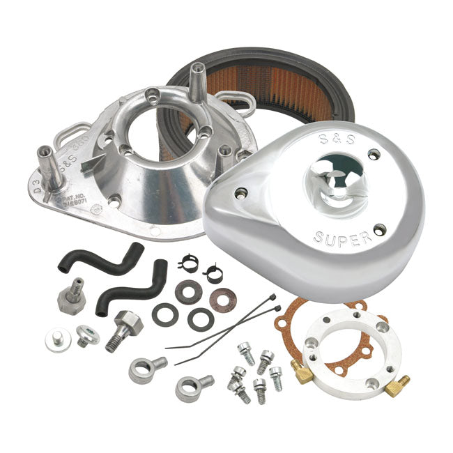 S&S, teardrop air cleaner assembly. Chrome — CV carburetor: 93-06 all Big Twin; Delphi inj.: 01-15 Softail; 04-17 Dyna (Excl. 2017 FXDLS); 02-07 FLT/Touring (NU)