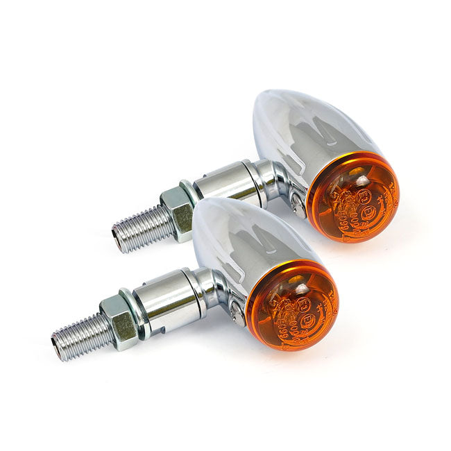 Micro bullet, 12v halogen turn signals. Chrome, grooved