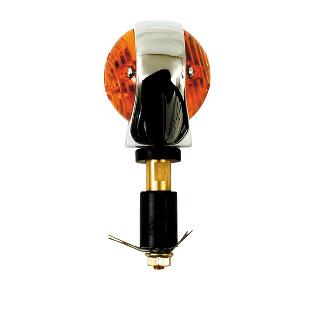 Full size bulls-eye, in-bar turn signals. Chrome. Amber lens