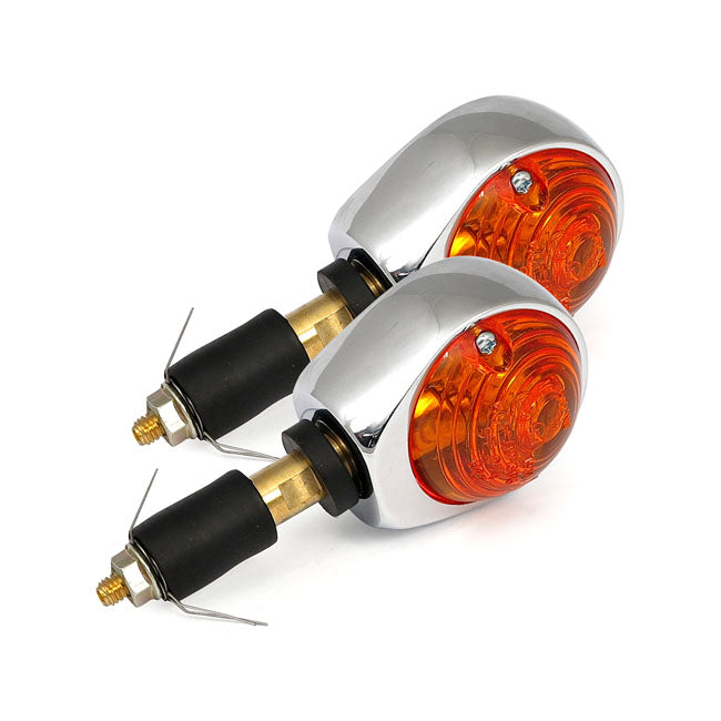 Full size bulls-eye, in-bar turn signals. Chrome. Amber lens
